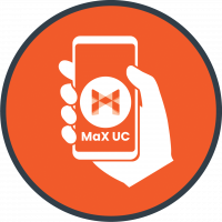 Hand holding smartphone with MaX UC logo