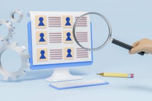 CV resume on monitor screen, HR manager looking through a magnifying glass on job candidate CV, recruitment agency, Employment, job search, recruitment, recruiting, hr concepts,3d render illustration